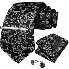 Black Milk White Floral Men's Tie Handkerchief Cufflinks Clip Set