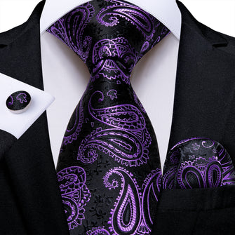 Black Paisley Men's Tie Pocket Square Cufflinks Set