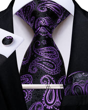 Black Purple Paisley Men's Tie Handkerchief Cufflinks Clip Set