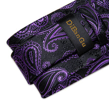 Black Purple Paisley Men's Tie Handkerchief Cufflinks Clip Set