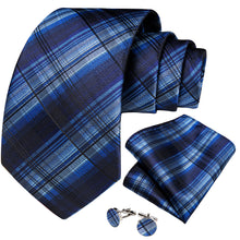 Black Blue Stripe Men's Tie Pocket Square Cufflinks Set