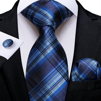 Black Blue Stripe Men's Tie Pocket Square Cufflinks Set