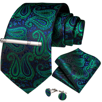 Green Blue Paisley Men's Tie Handkerchief Cufflinks Clip Set
