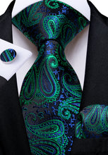 Black Blue Golden Paisley Men's Tie Pocket Square Cufflinks Set