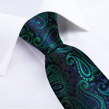 Green Blue Paisley Men's Tie Handkerchief Cufflinks Clip Set