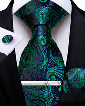 Green Blue Paisley Men's Tie Handkerchief Cufflinks Clip Set