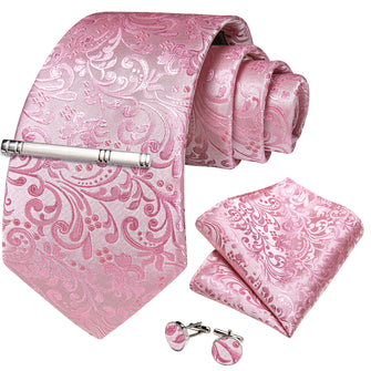 New Pink Floral Men's Tie Handkerchief Cufflinks Clip Set