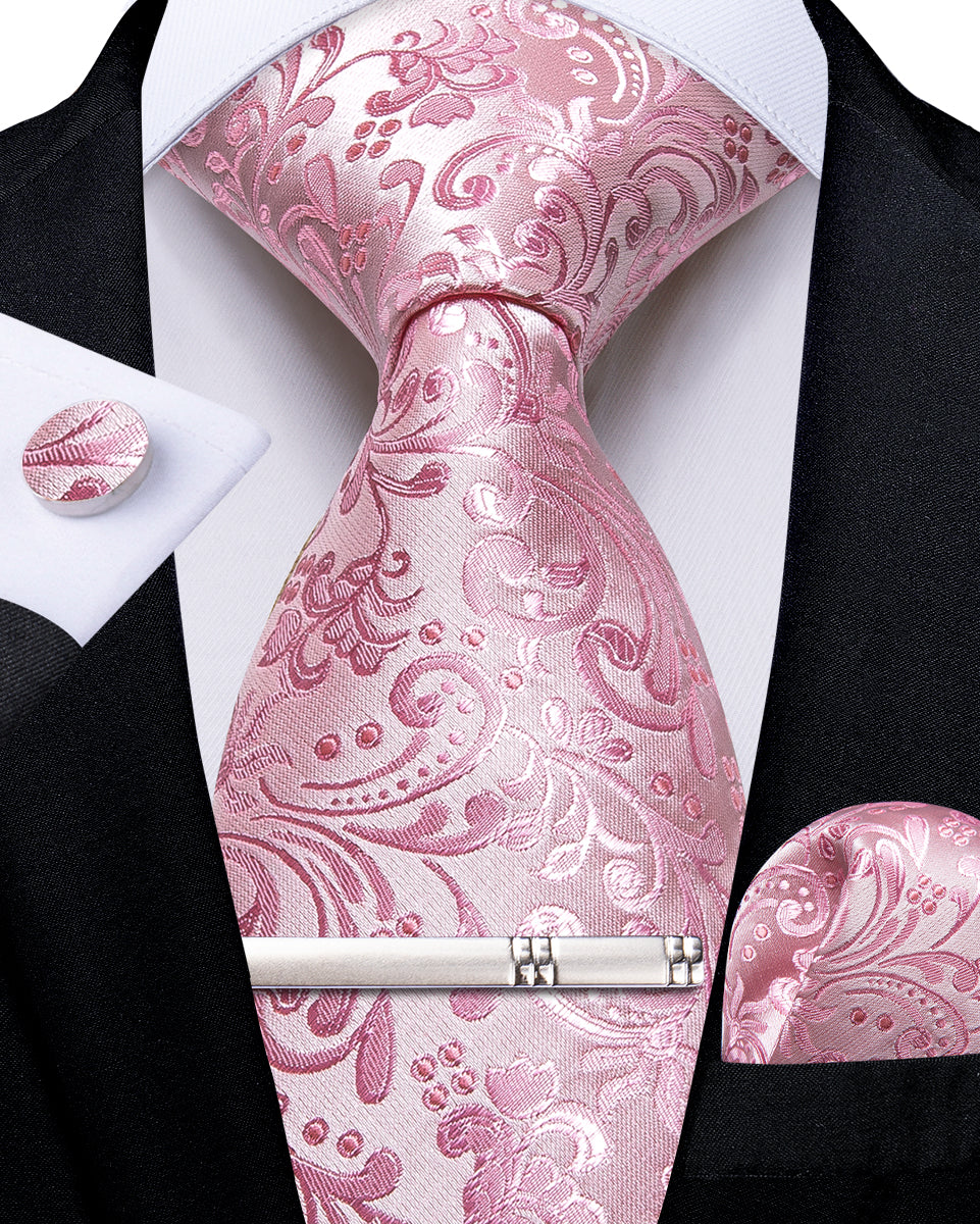 Pink Floral Men's Tie Handkerchief Cufflinks Clip Set