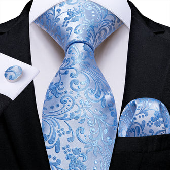 Blue Floral Men's Tie Handkerchief Cufflinks Set