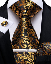 New Black Golden Floral Men's Tie Handkerchief Cufflinks Clip Set