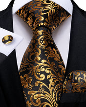 New Black Golden Floral Men's Tie Handkerchief Cufflinks Set