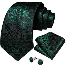 New Black Green Floral Men's Tie Handkerchief Cufflinks Set
