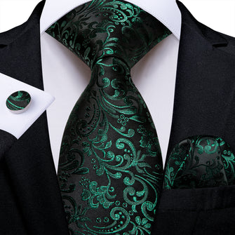 New Black Green Floral Men's Tie Handkerchief Cufflinks Set
