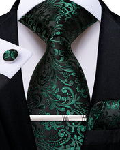 New Black Green Floral Men's Tie Handkerchief Cufflinks Clip Set