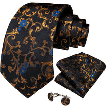Classic Black Golden Floral Men's Tie Pocket Square Cufflinks Set