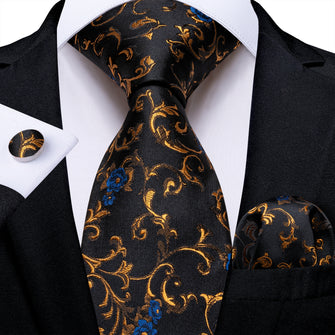 Classic Black Golden Floral Men's Tie Pocket Square Cufflinks Set