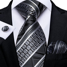 Silver Black Stripe Pattern Men's Tie Handkerchief Cufflinks Set
