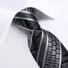 Silver Black Stripe Pattern Men's Tie Handkerchief Cufflinks Set