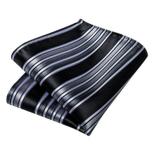 Black White Silver Stripe Pattern Men's Tie Handkerchief Cufflinks Set