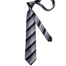 Black White Silver Stripe Silk Men's Tie Handkerchief Cufflinks Clip Set