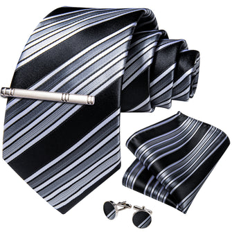 Black White Silver Stripe Silk Men's Tie Handkerchief Cufflinks Clip Set