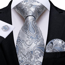Silk Tie Silver Grey Blue Paisley Men's Tie Set