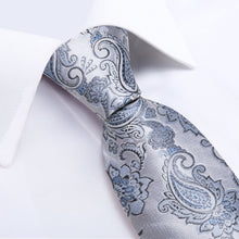 Silk Tie Silver Grey Blue Paisley Men's Tie Set
