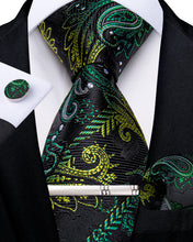 Black Green Golden Floral Men's Tie Handkerchief Cufflinks Clip Set