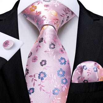 rose pink blue floral silk mens wedding tie handkerchief cufflinks set