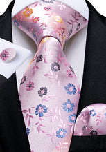 rose pink blue floral silk mens wedding tie handkerchief cufflinks set