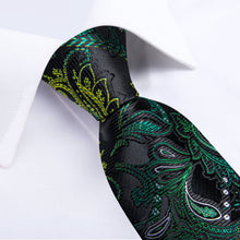 Black Green Golden Floral Men's Tie Handkerchief Cufflinks Clip Set