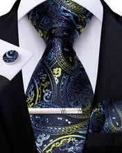Blue Golden Paisley Men's Tie Handkerchief Cufflinks Clip Set