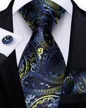 Classic Blue Black Yellow Paisley Men's Tie Pocket Square Cufflinks Set