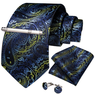 Blue Golden Paisley Men's Tie Handkerchief Cufflinks Clip Set