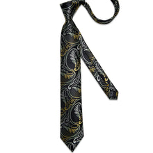 Black Silver Golden Floral Men's Tie Handkerchief Cufflinks Clip Set