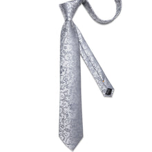 Classic Silver Grey Floral Men's Tie Pocket Square Cufflinks Set