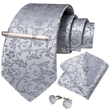 Silver Grey Floral Men's Tie Handkerchief Cufflinks Clip Set