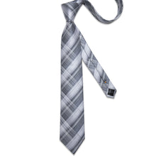 White Grey Striped Men's Tie Handkerchief Cufflinks Clip Set