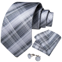 Classic White Grey Striped Men's Tie Pocket Square Cufflinks Set