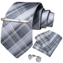White Grey Striped Men's Tie Handkerchief Cufflinks Clip Set