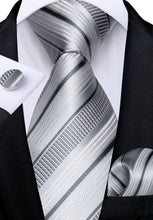 Silver Green Stripe Men's Tie Handkerchief Cufflinks Clip Set