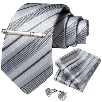 Silver Green Stripe Men's Tie Handkerchief Cufflinks Clip Set