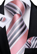 Pink Green Stripe Men's Tie Handkerchief Cufflinks Clip Set