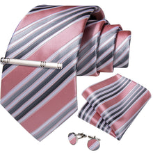 Pink Green Stripe Men's Tie Handkerchief Cufflinks Clip Set