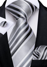 Grey Green Stripe Men's Tie Handkerchief Cufflinks Clip Set