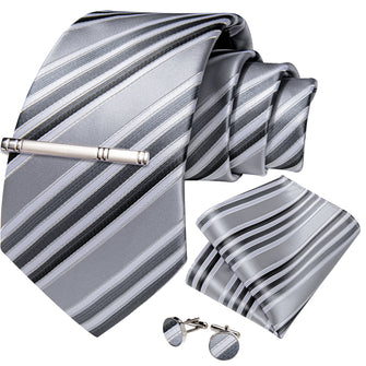 Grey Green Stripe Men's Tie Handkerchief Cufflinks Clip Set