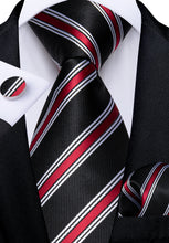 Classic Black Red White Stripe Men's Tie Pocket Square Cufflinks Set