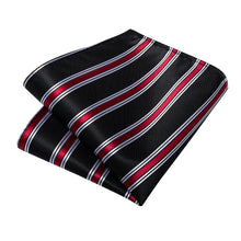 Classic Black Red White Stripe Men's Tie Pocket Square Cufflinks Set
