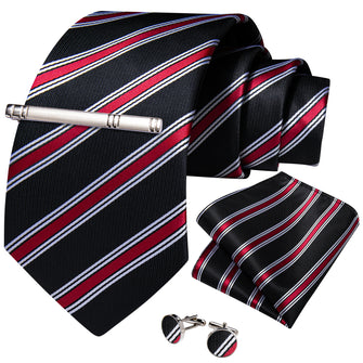Black Red White Stripe Men's Tie Handkerchief Cufflinks Clip Set