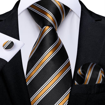 Classic Black Champagne Gold Stripe Men's Tie Pocket Square Cufflinks Set
